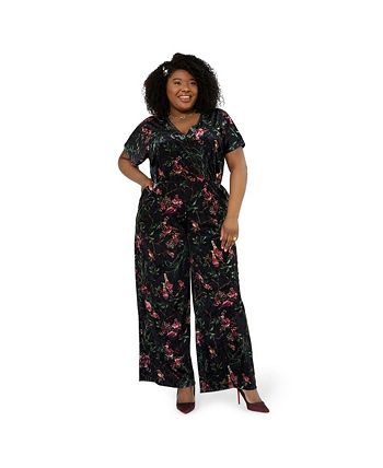Leota Women's Ruby Floral Stretch Velvet Jumpsuit Black Size 3X