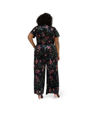 Leota Women's Ruby Floral Stretch Velvet Jumpsuit Black Size 3X