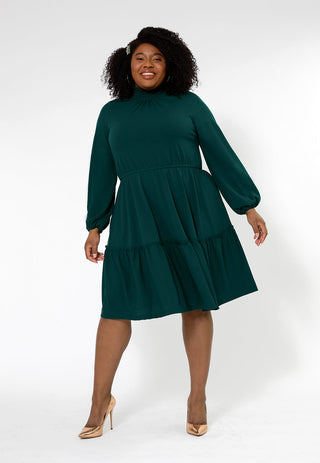 Leota Women's Long Sleeve Olive Boho Jersey Tiered Dress (Curve) Green