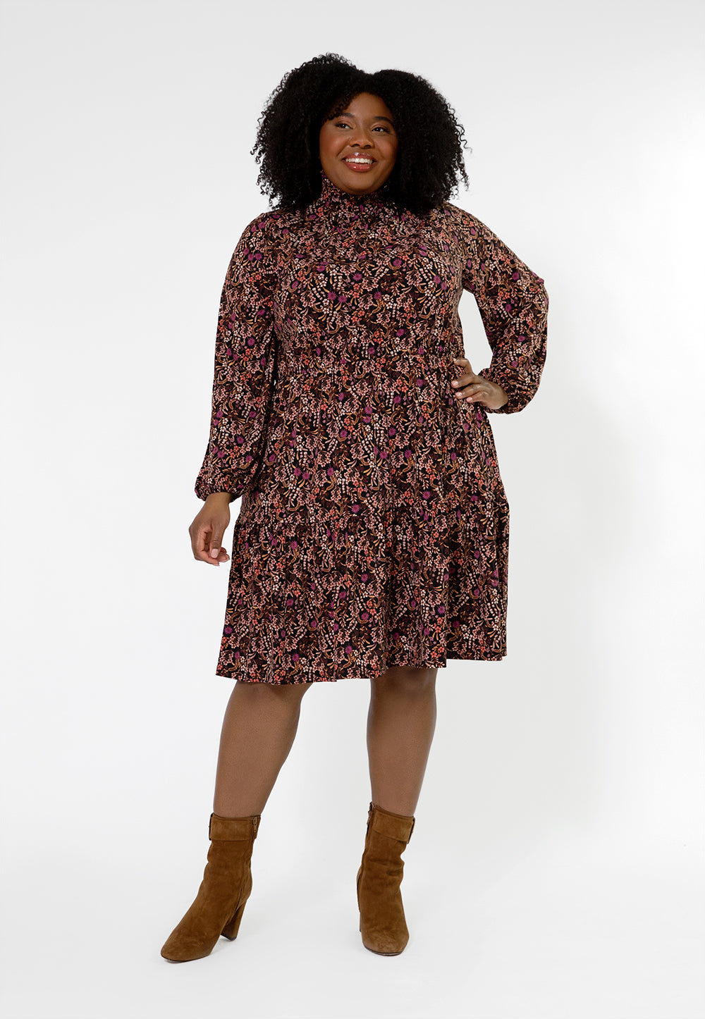 Leota Women's Long Sleeve Olive Boho Jersey Tiered Dress (Curve) Red