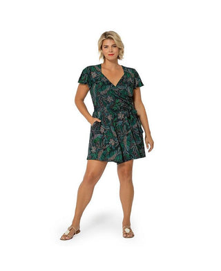 Leota Women's Tropical Print Faux Wrap Romper Green