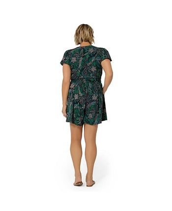 Leota Women's Tropical Print Faux Wrap Romper Green