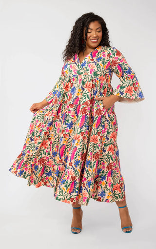 Leota Women's Sariah 3/4 Sleeve Poplin Maxi Dress Multi Size 1X