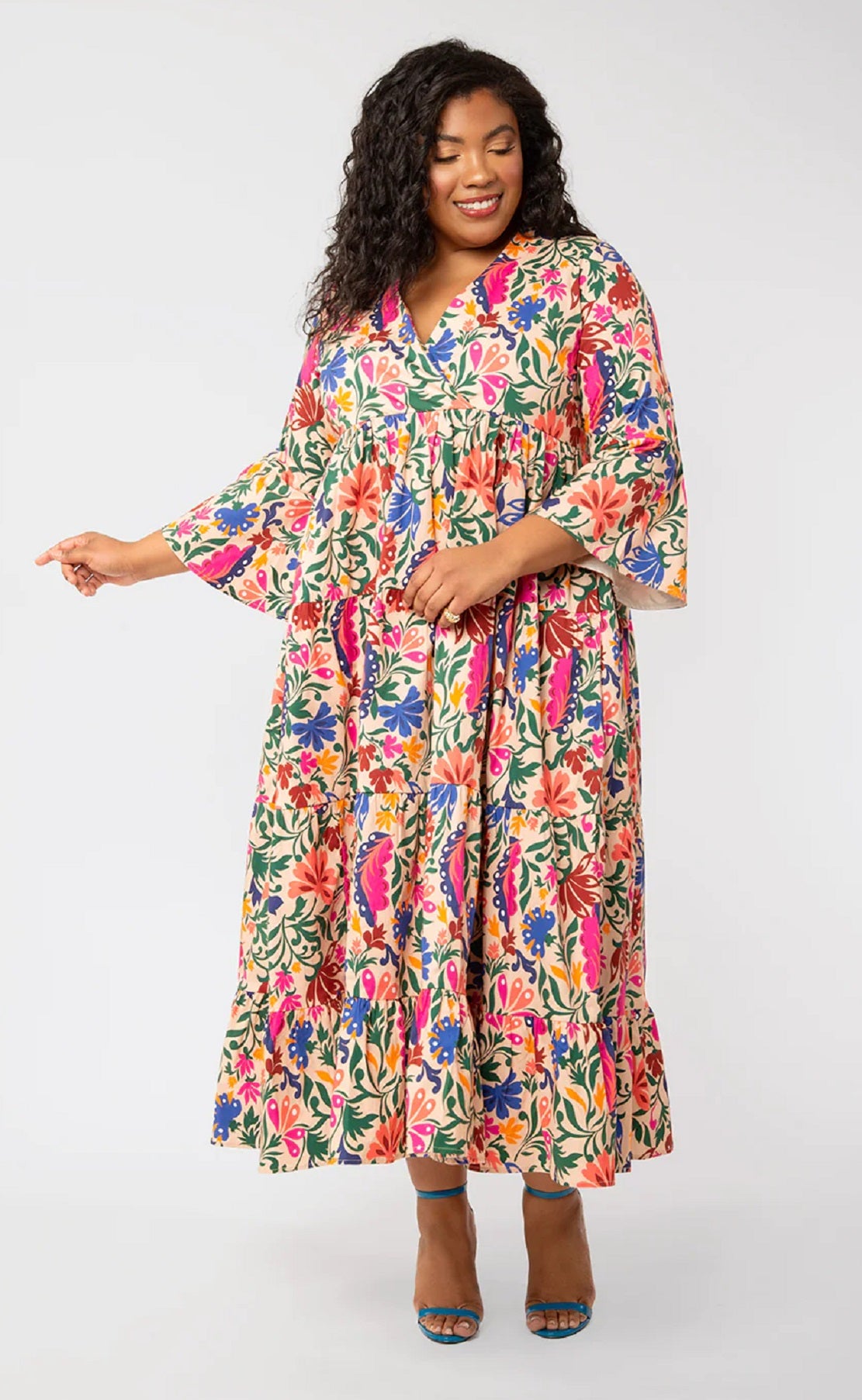 Leota Women's Sariah 3/4 Sleeve Poplin Maxi Dress Multi Size 1X