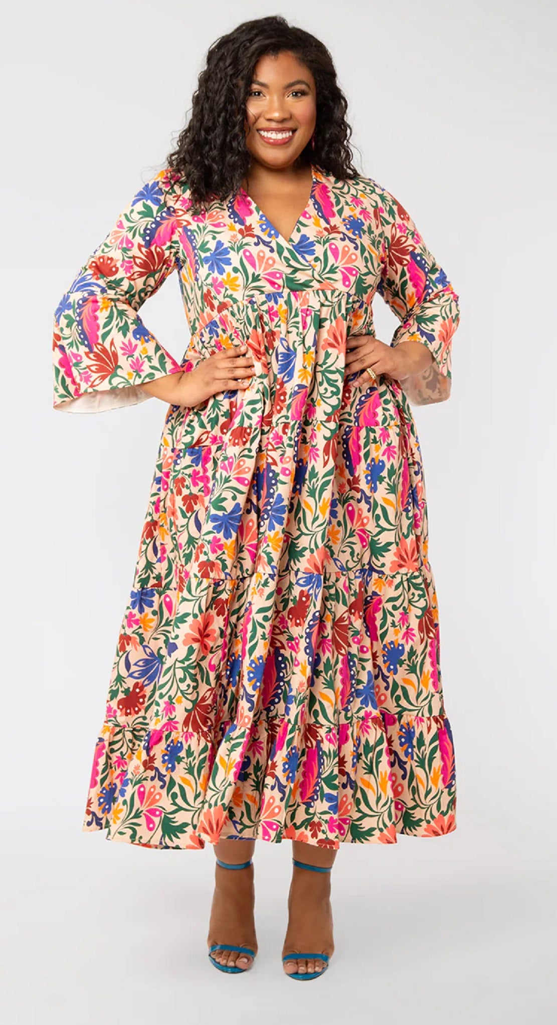 Leota Women's Sariah 3/4 Sleeve Poplin Maxi Dress Multi Size 1X