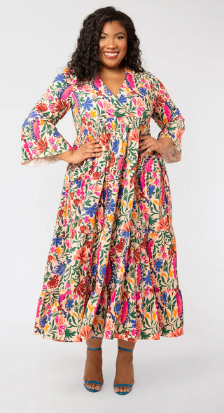 Leota Women's Sariah 3/4 Sleeve Poplin Maxi Dress Multi Size 1X