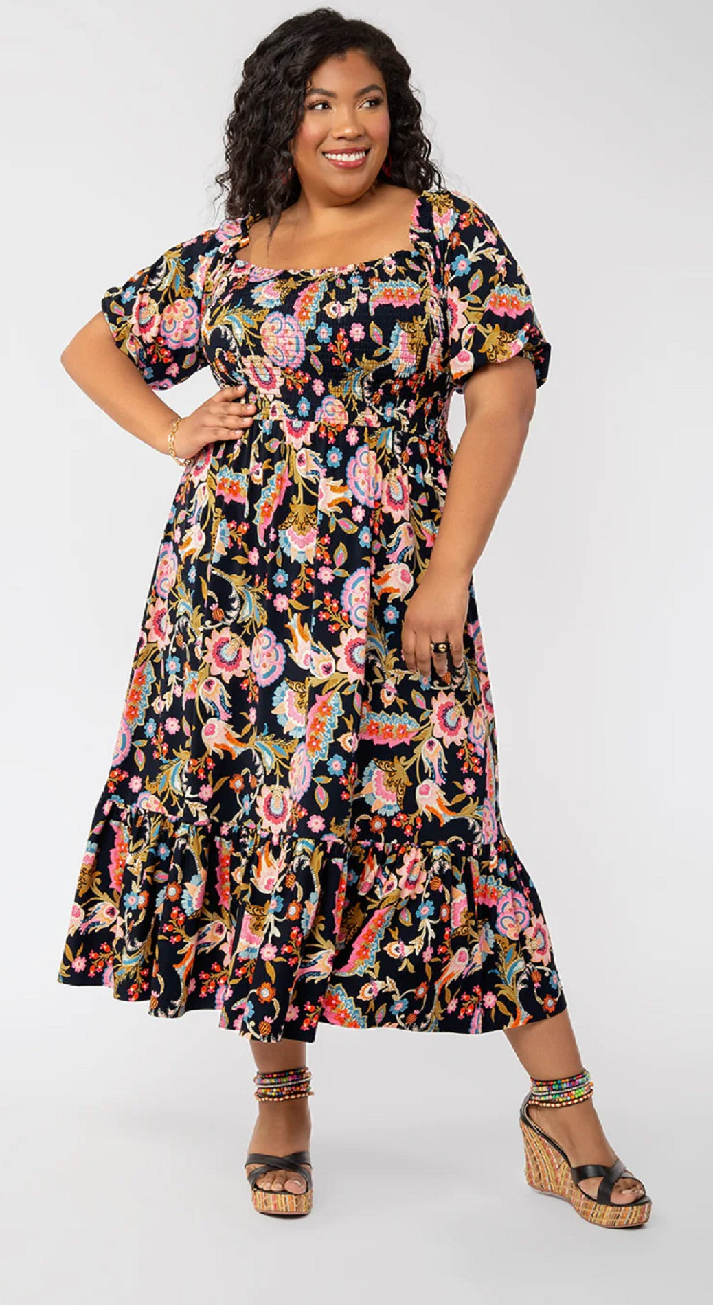 Leota Women's Kelly Lips Print MIDI Dress Black Size 1X