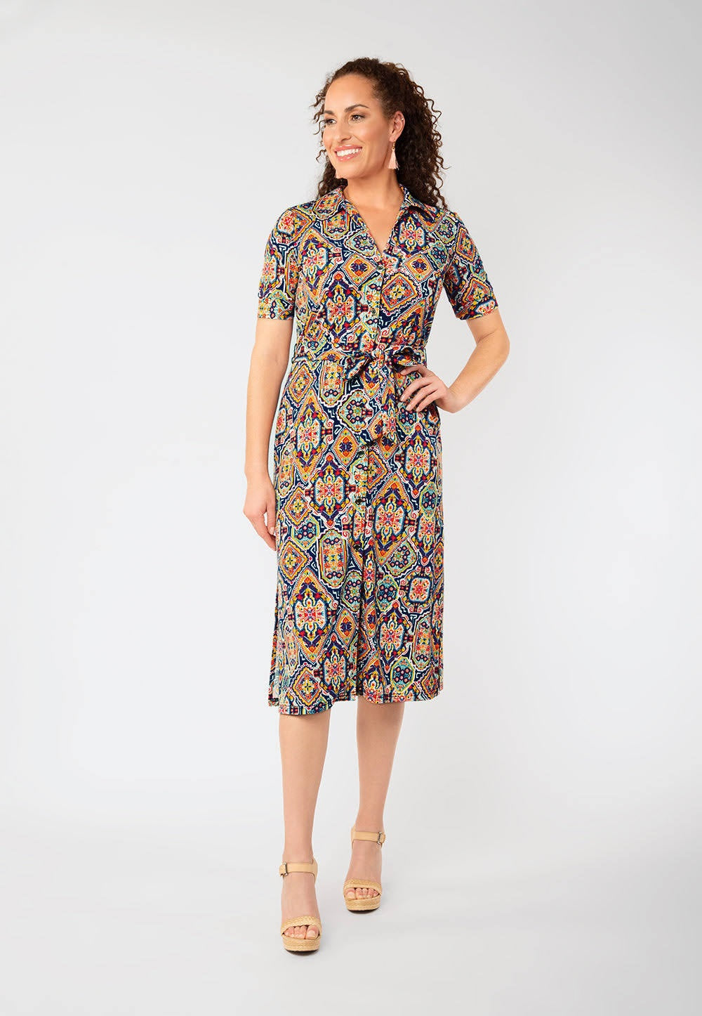 Leota Women's Jade Short Sleeve Button Down Belted Shirt Dress Multi Blue Size Small