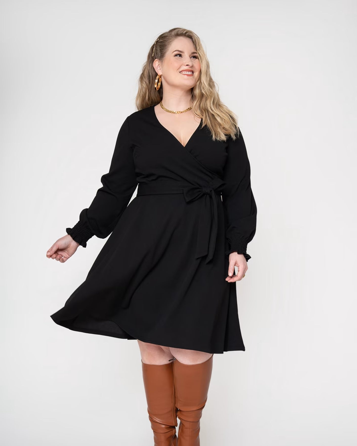 Leota Women's Perfect Wrap Blouson Sleeve Dress Black