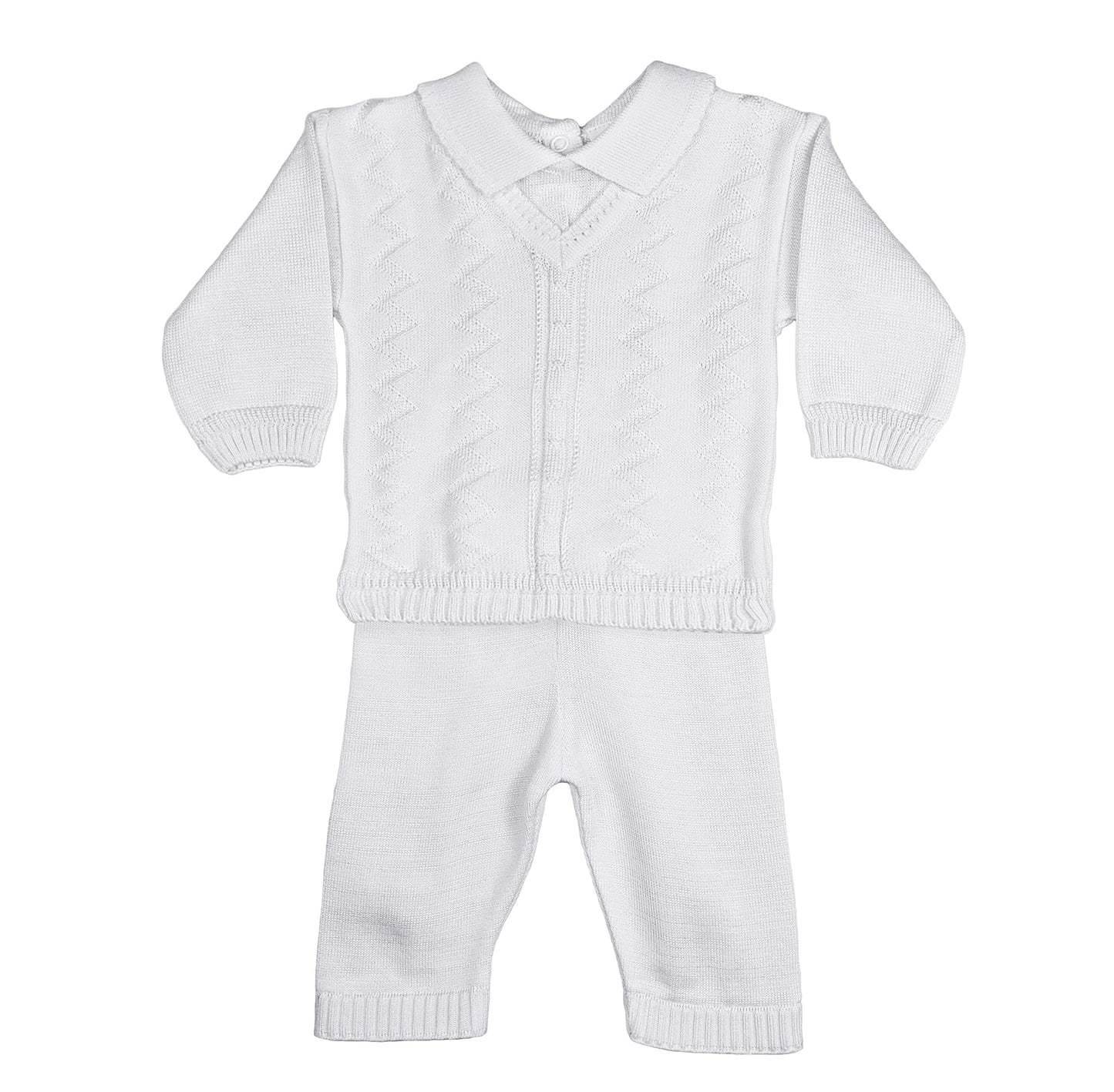 Little Things Mean A Lot Boys 100% Cotton Knit Two Piece White Christening Baptism Outfit - 3 Month