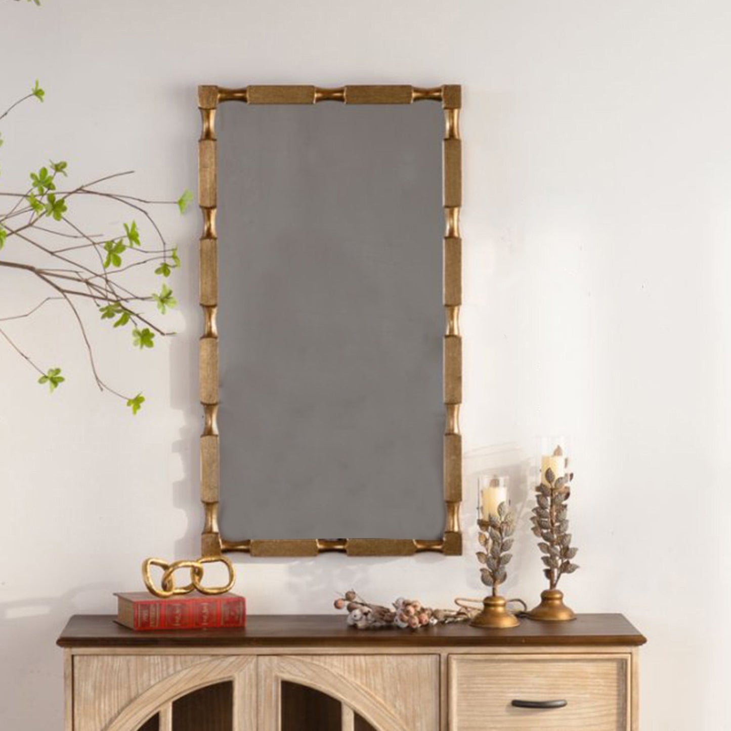 Gold Bamboo-Style Rectangular Wall Mirror, Textured Frame for Living Room/Bedroom/Entryway