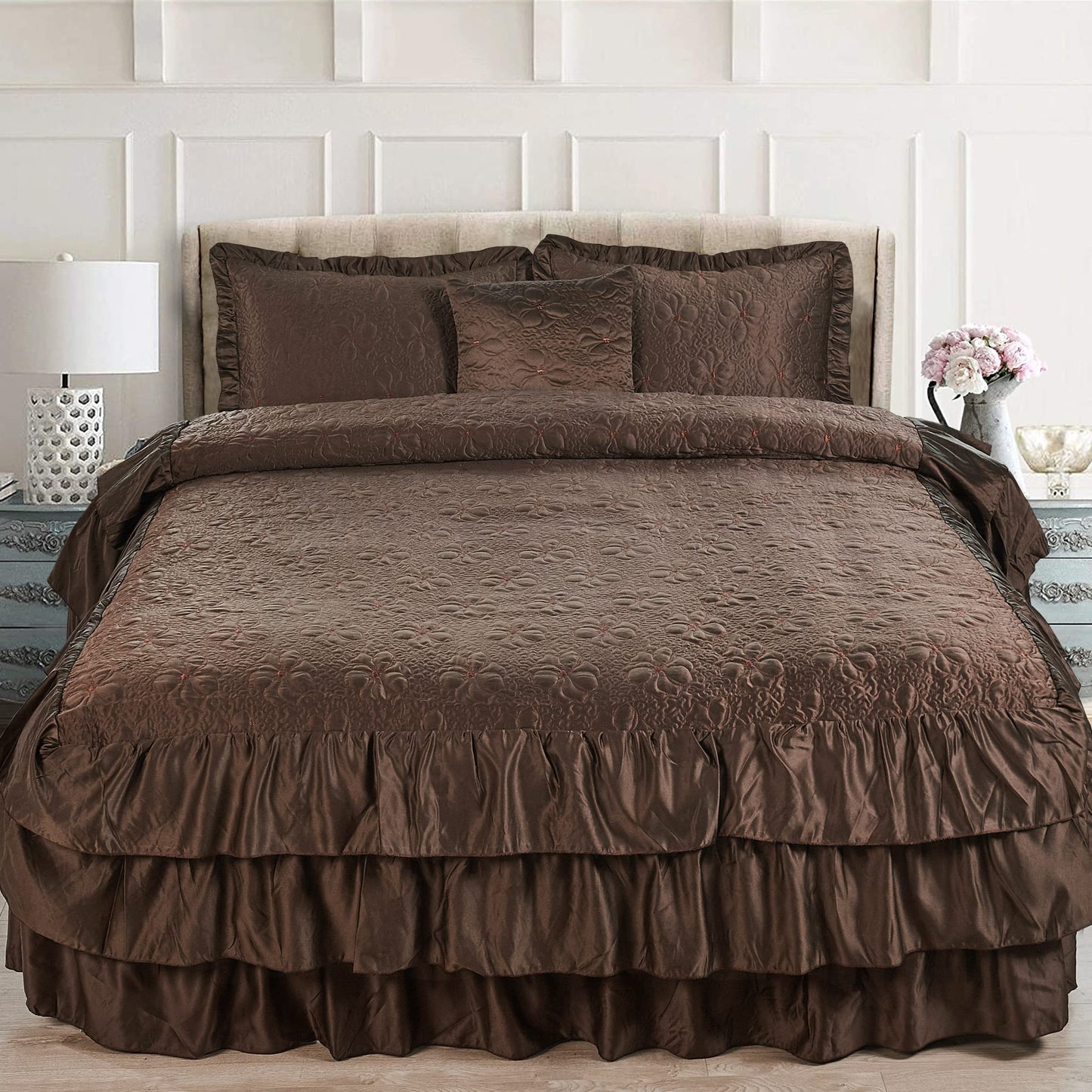 4 Piece Chocolate Matte Satin Ruffle Quilted Bedspread Set  Queen Size
