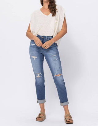 Judy Blue - High Waist Cuffed Distressed Boyfriend Jeans
