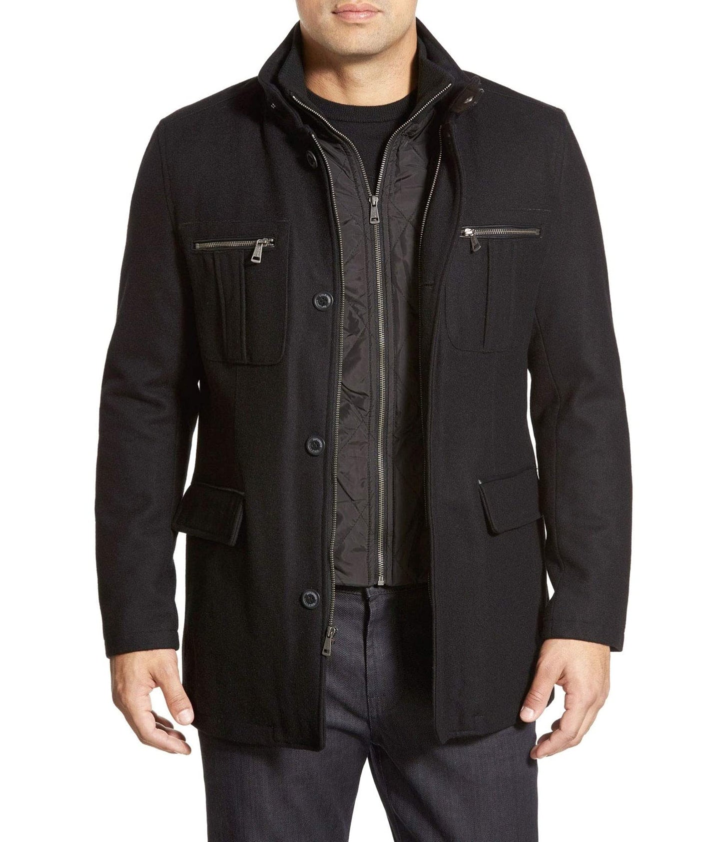 Cole Haan Signature Men's Wool Melton Coat with Nylon Bib, Black, X-Large