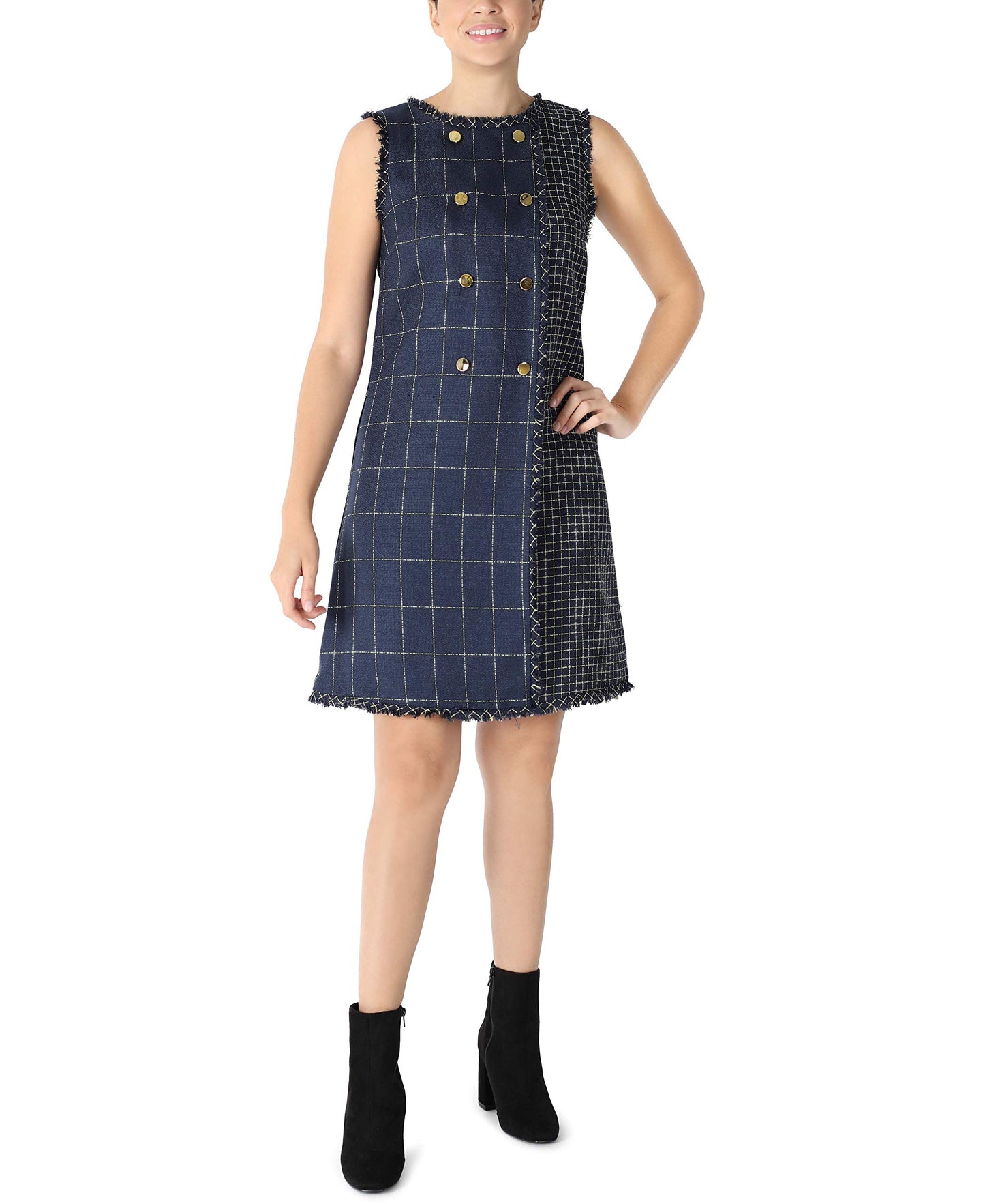 Julia Jordan Women's Yarn Dyed Tweed Double Breasted A Line Dress with Contrast Print, Navy/Gold, 14
