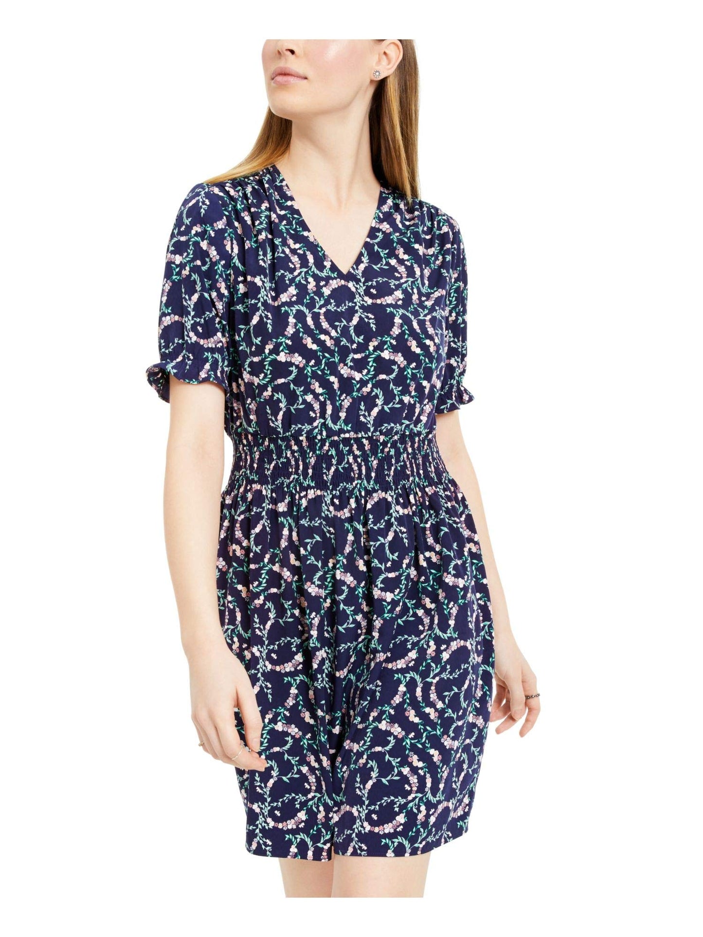 Maison Jules Womens Floral-Print Smocked-Waist Dress, Navy, Size Large