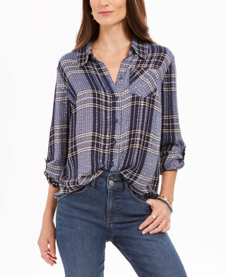 Style & Co Women's Sequined Plaid Shirt Sparkling Blue Size Petite L