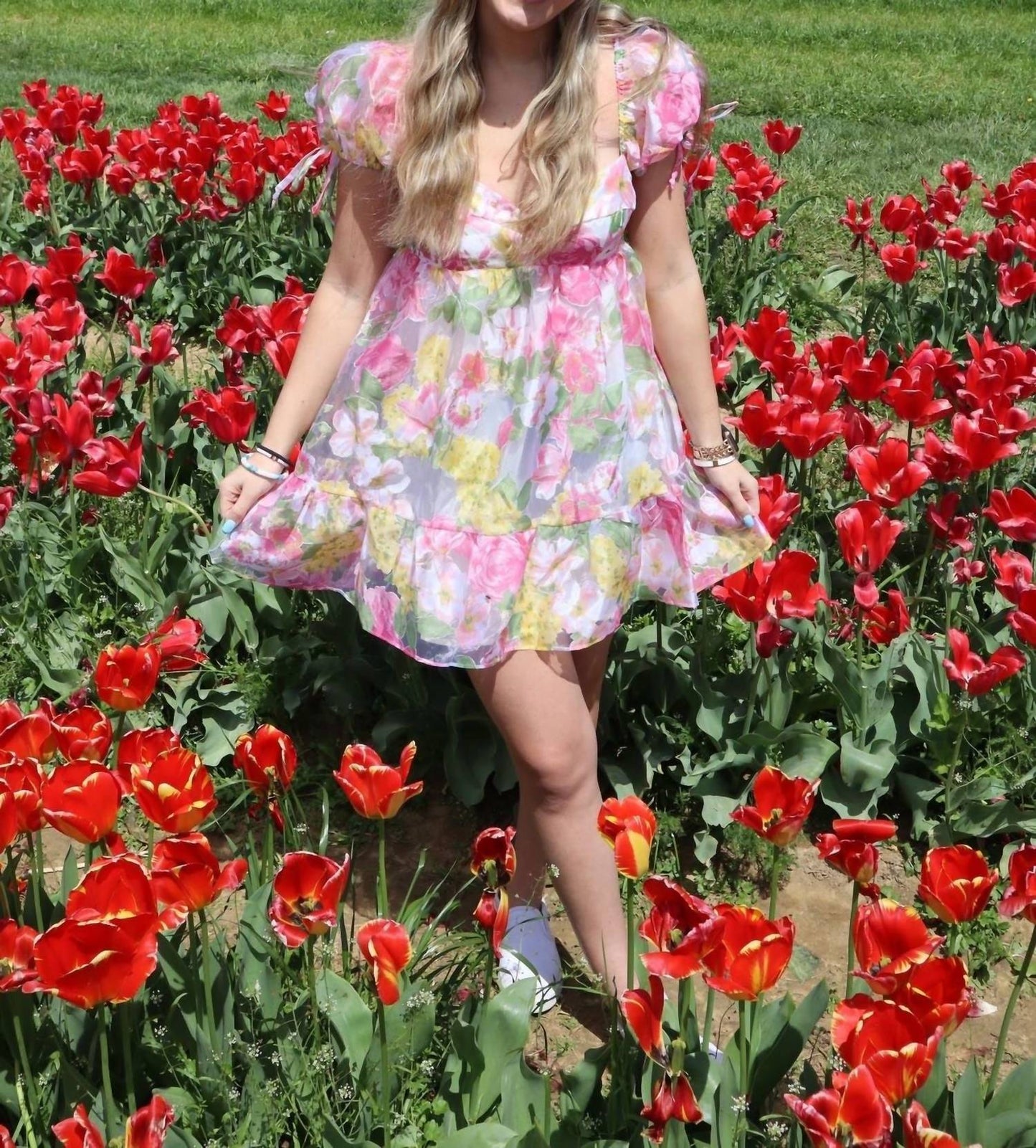Olivaceous - Bardot Tulle Floral Babydoll Dress