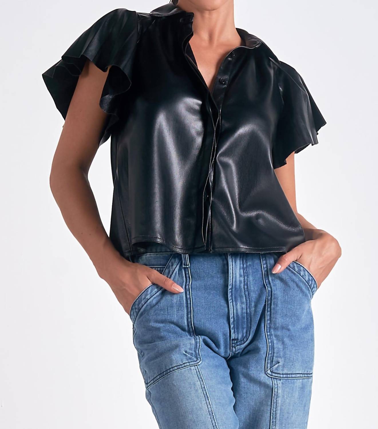 Elan - Leather Flutter Sleeve Top