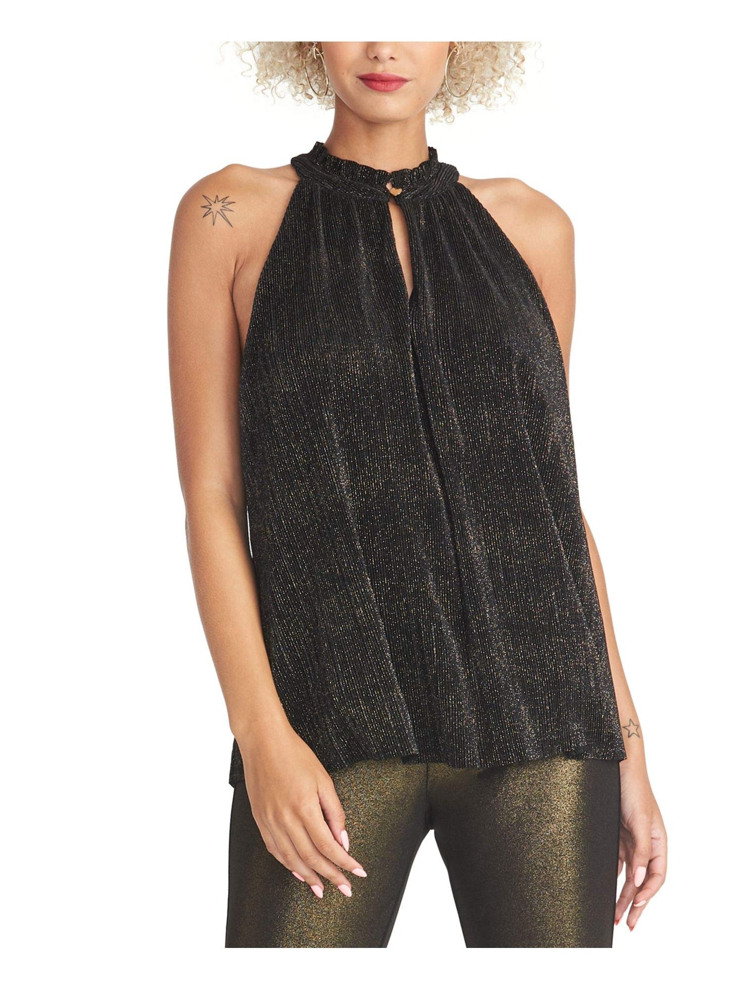 RACHEL Rachel Roy Womens Metallic Pleated Blouse Black S