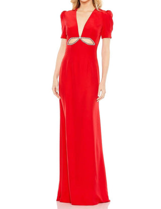Ieena For Mac Duggal - Plunge Neck Puff Sleeve Cut Out Gown