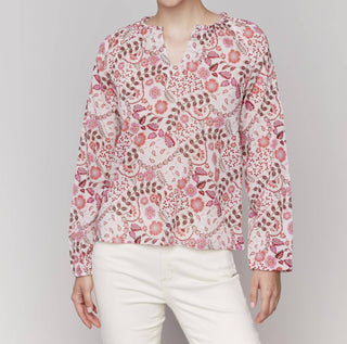 Charlie B - Printed raglan long sleeve popover blouse