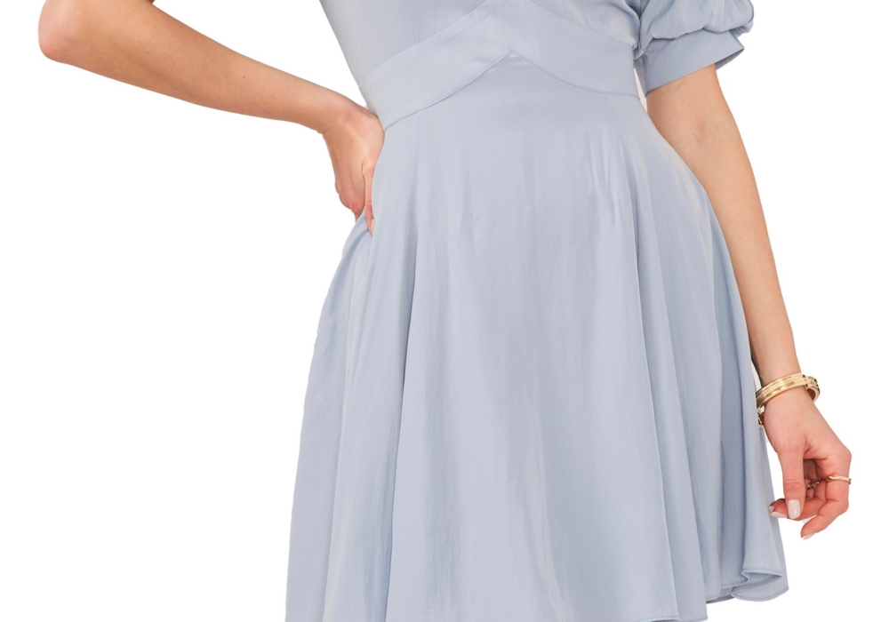 1.state Women's Short Puff Sleeve Tiered Short Dress Blue Size M