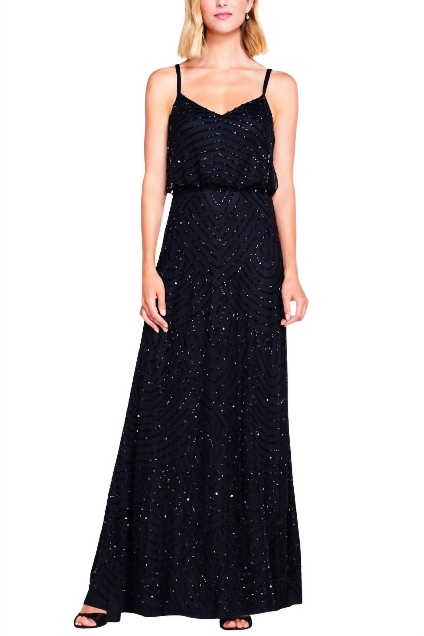 Adrianna Papell - V-neck Embellished Mesh Dress