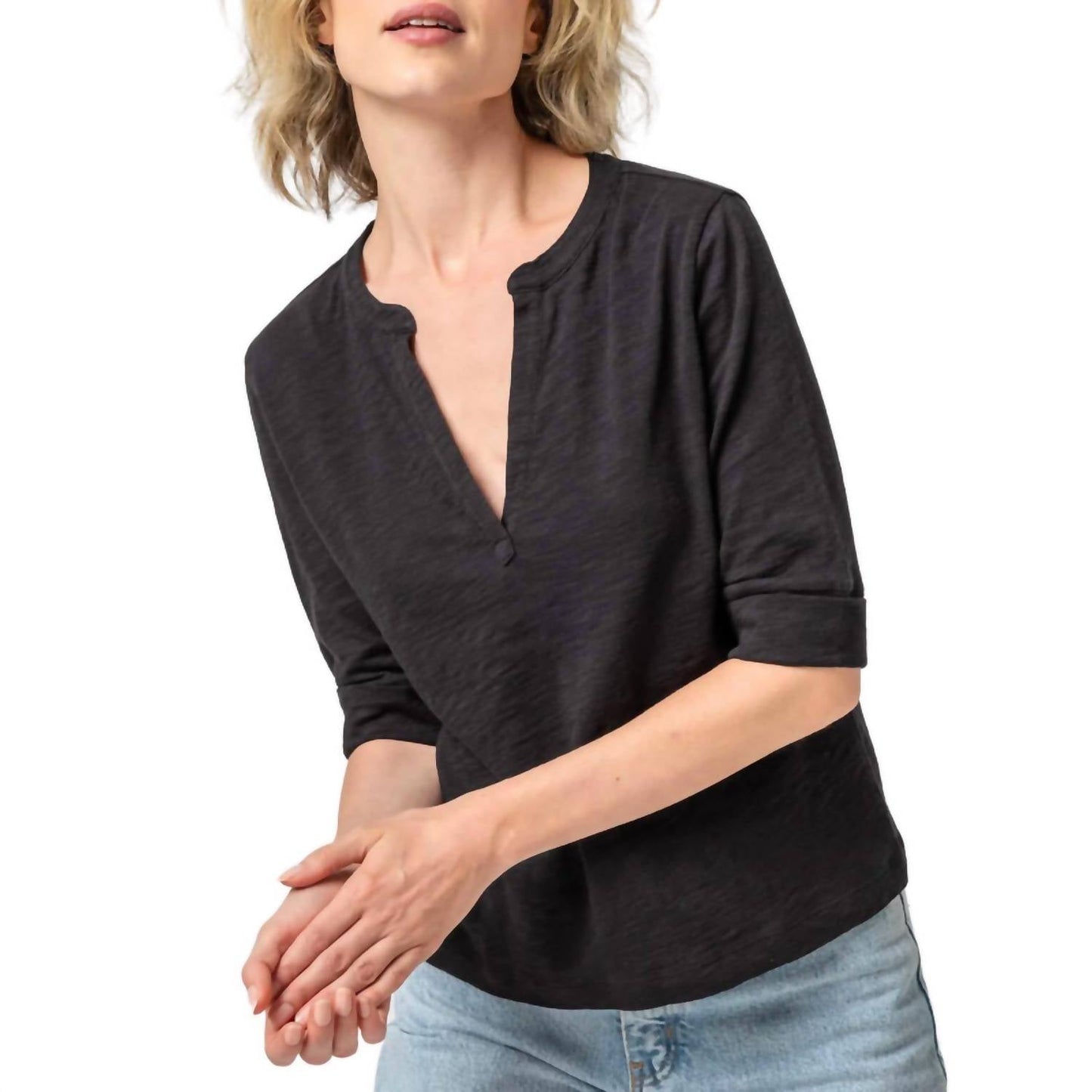 Lilla P - Women's Elbow Sleeve Split Neck Top