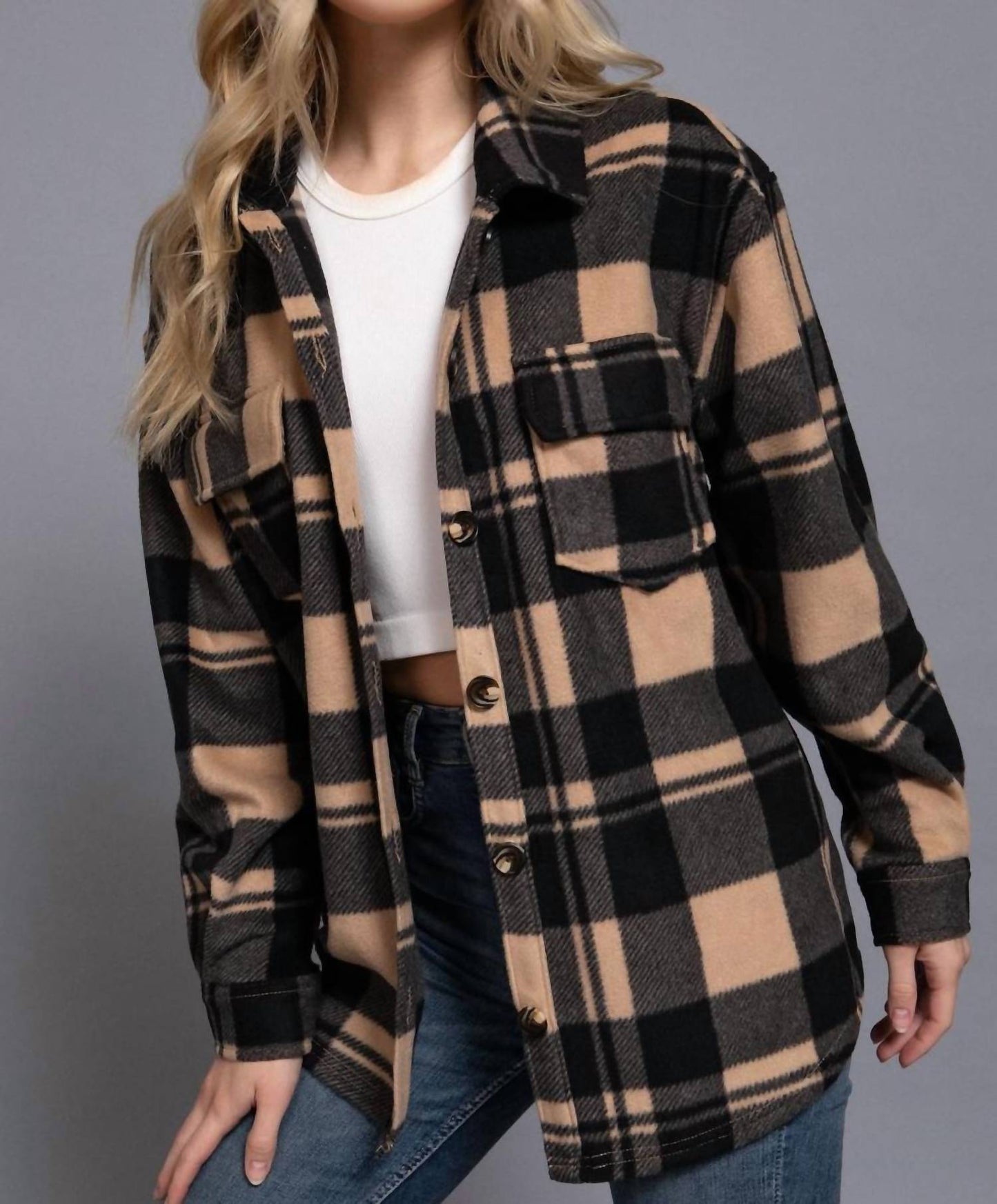 42Pops - Women's Check Printed Fleece Shacket