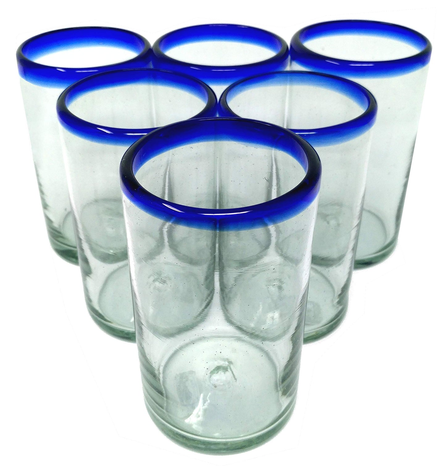 Dos Sueños Hand Blown Mexican Drinking Glasses  Set of 6 with Cobalt Blue Rims