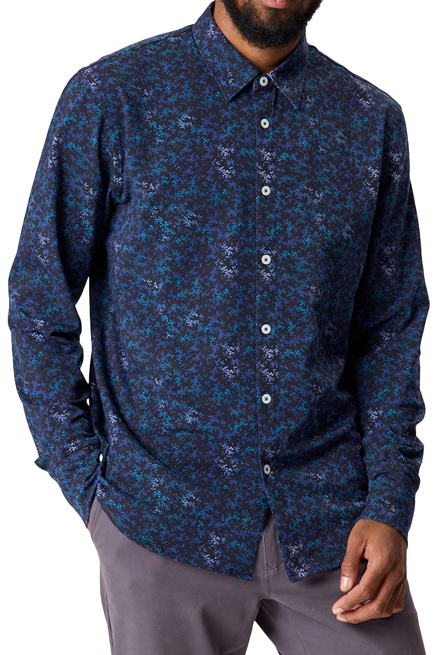 Good Man Brand - Men’s Long Sleeve Print Shirt in Knit Stretch - Lightweight Button Up Stretch Cotton Shirt - Navy Stone Garden, S