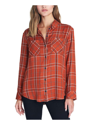 Sanctuary Womens New Generation Plaid Boyfriend Blouse Orange M