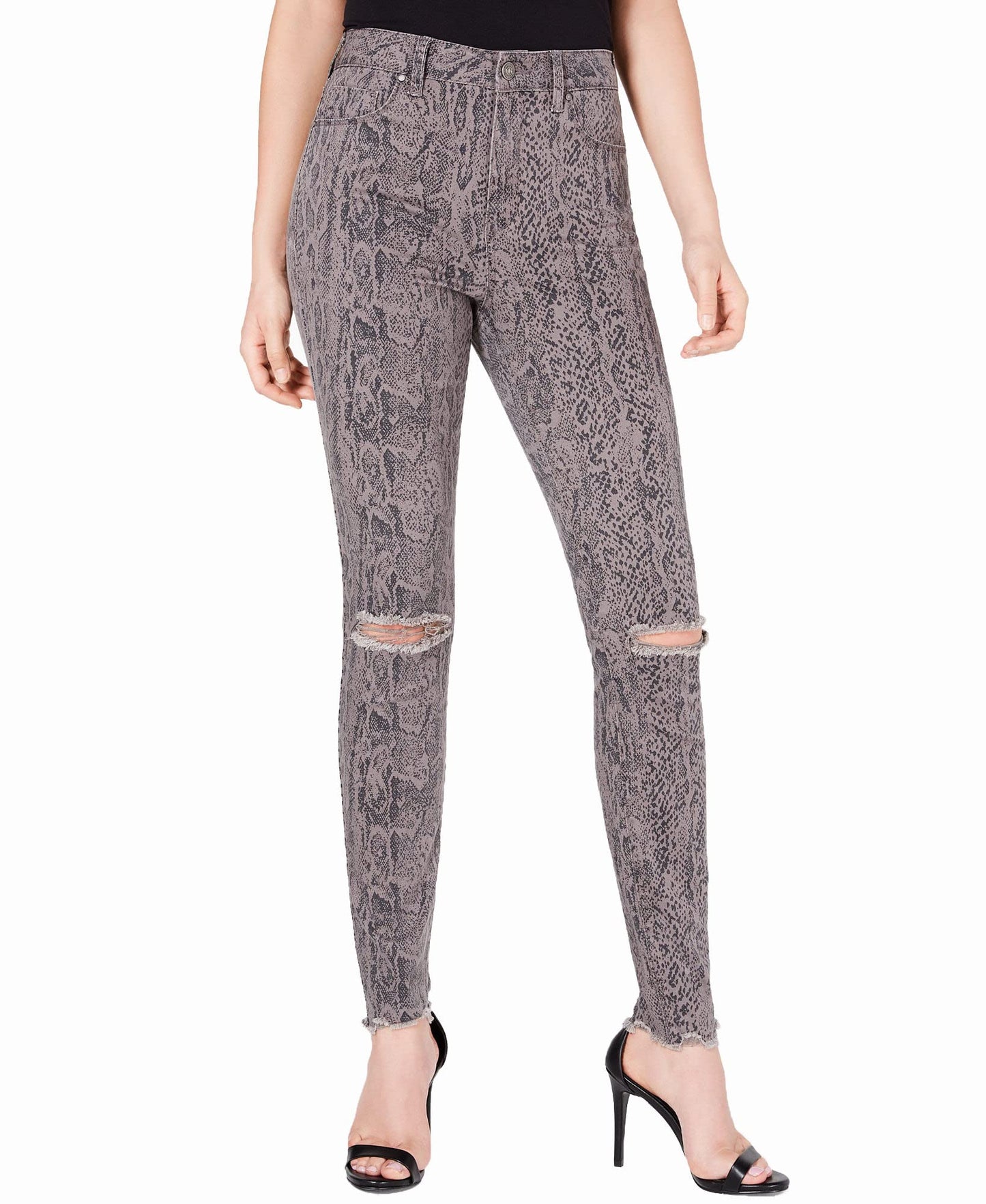 Rewash Juniors' Stevie Ripped Printed Skinny Jeans Grey Snake Print Size 11