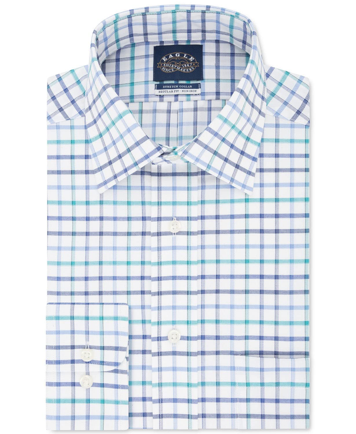 Eagle Men's Windowpane Plaid Collared Classic Fit Stretch Dress Shirt Blue Size 17.1/2X34-35