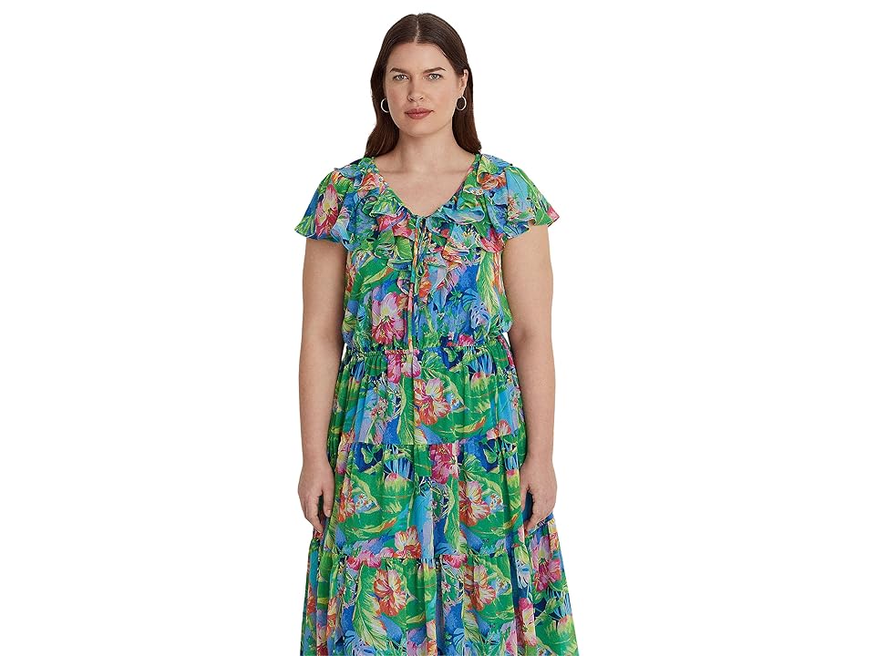 LAUREN Ralph Lauren Plus Size Floral Crinkle Georgette Tiered Dress (Green/Blue Multi) Women's Clothing