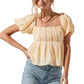 Pleated Back Cutout Bubble Sleeve Top
