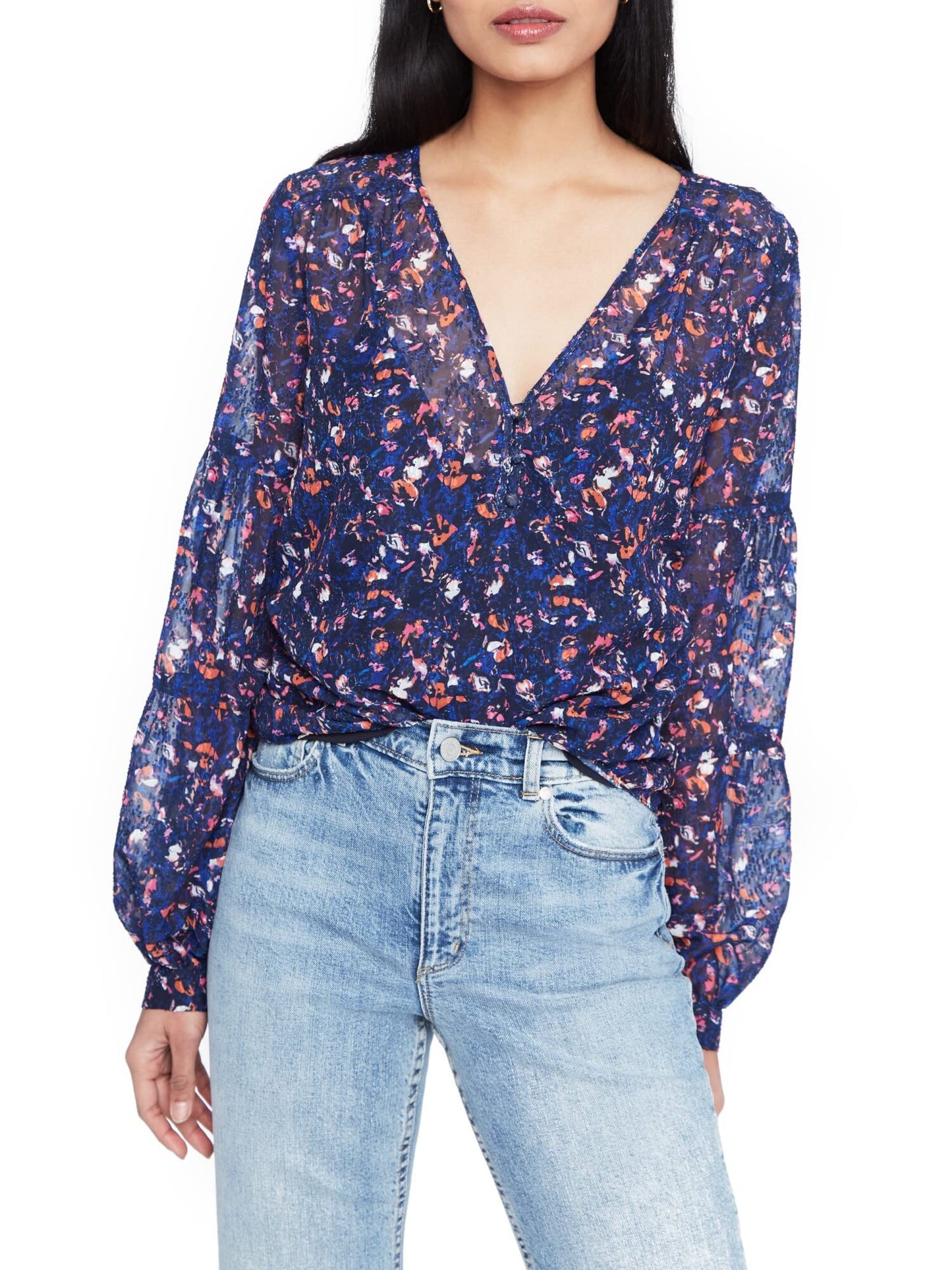Parker Womens Navy Sheer Printed Long Sleeve V Neck Top M