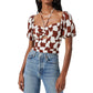 Tie Neck Floral Cut Out Puff Sleeve Top