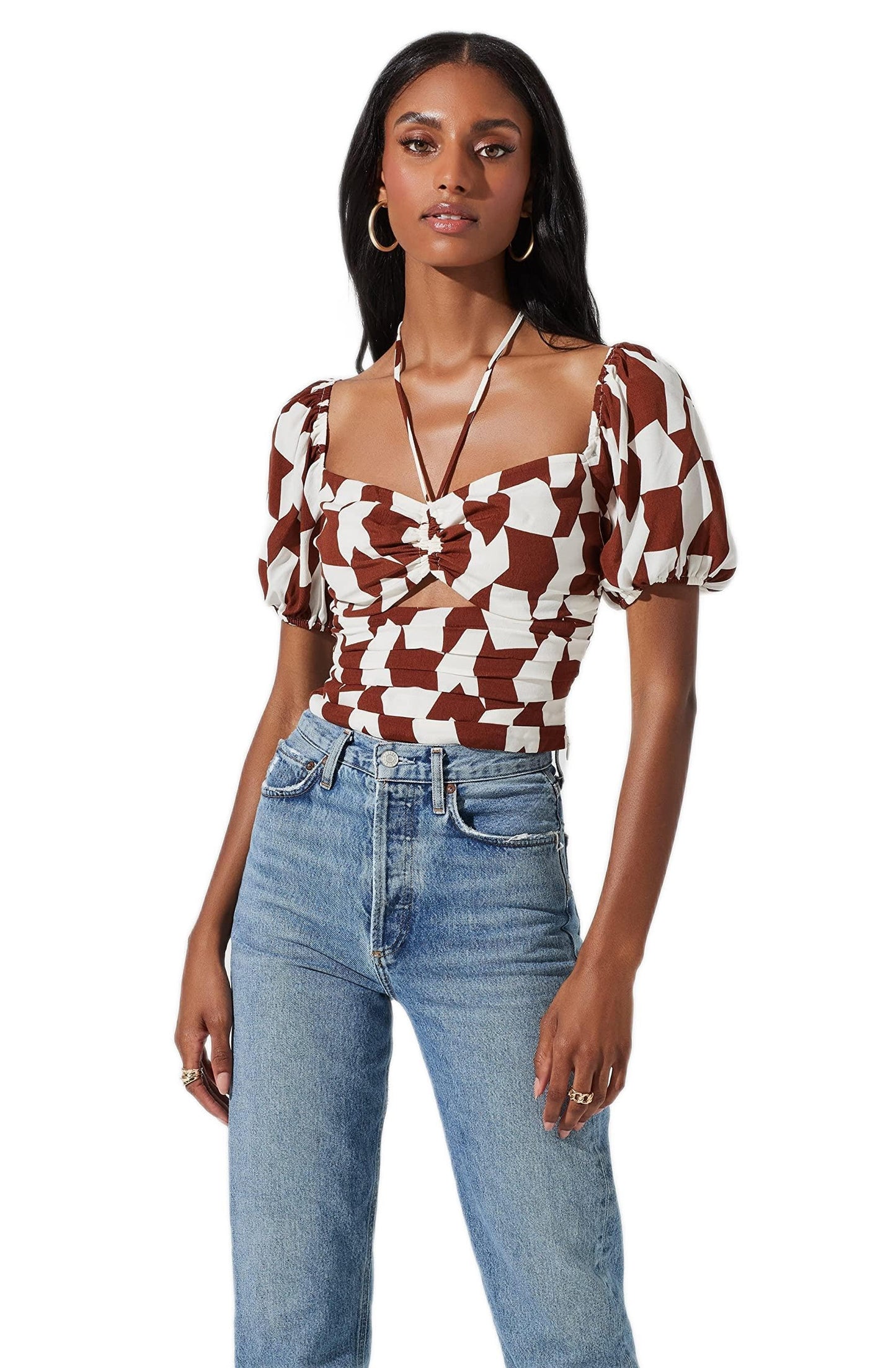Tie Neck Floral Cut Out Puff Sleeve Top