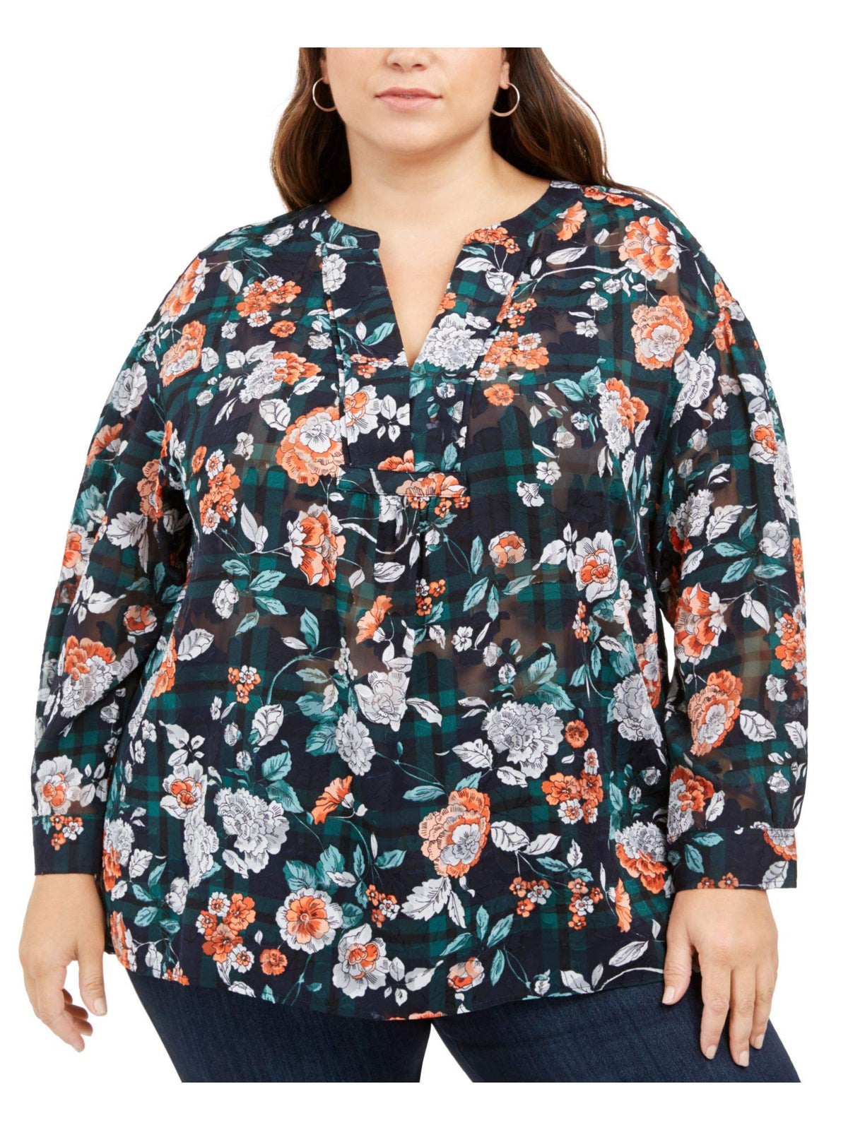 Tommy Hilfiger Womens Plus Floral Split Neck Blouse Navy 2X