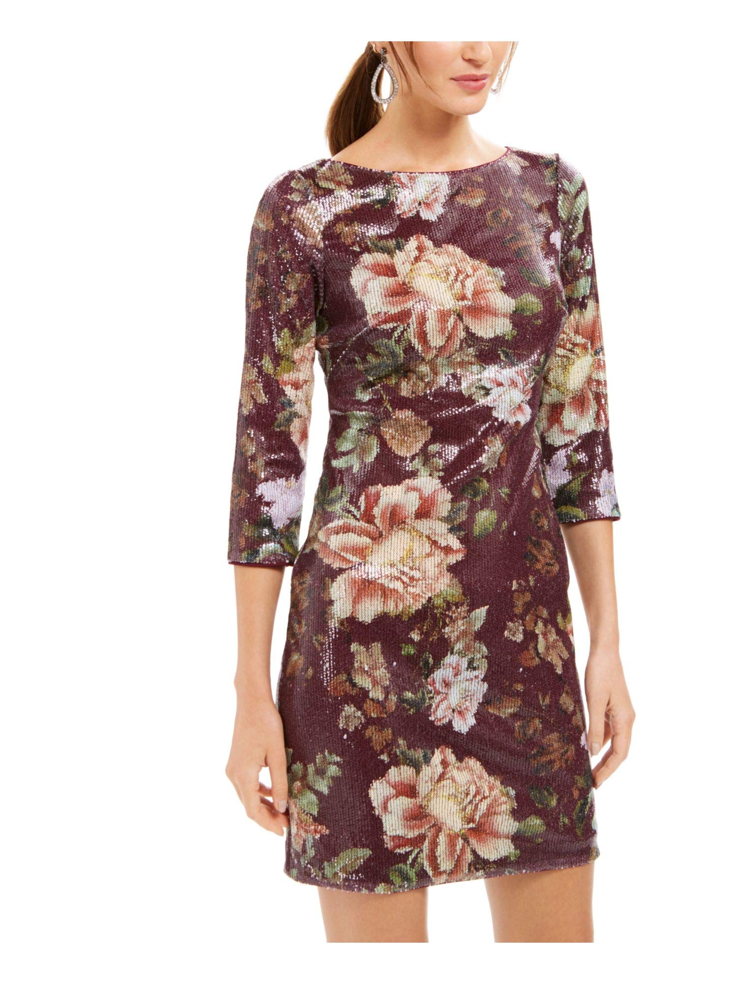Vince Camuto Women's Sequined Floral 3/4 Sleeve Jewel Neck Short Evening Dress Red Size 12