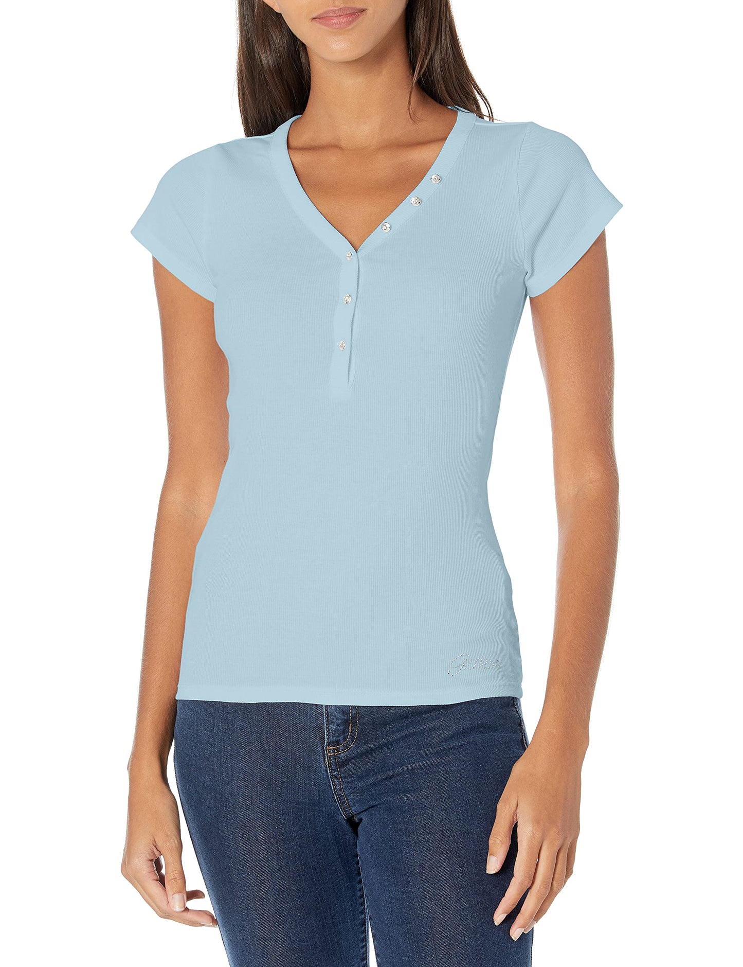 GUESS womens Short Sleeve V-neck Henley Shirt, Bleached Blue, X-Small US