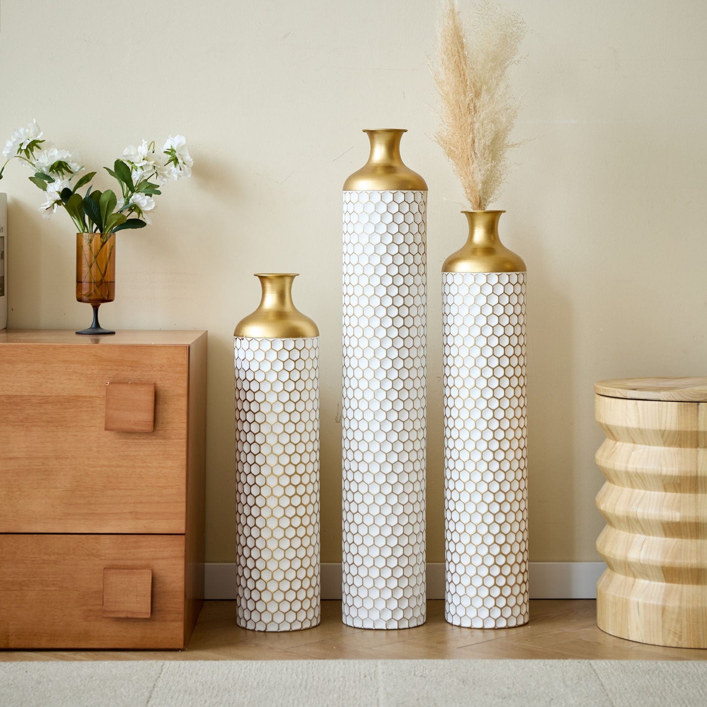 3 Piece Large Glazed Floor Vase Set - Gold and White