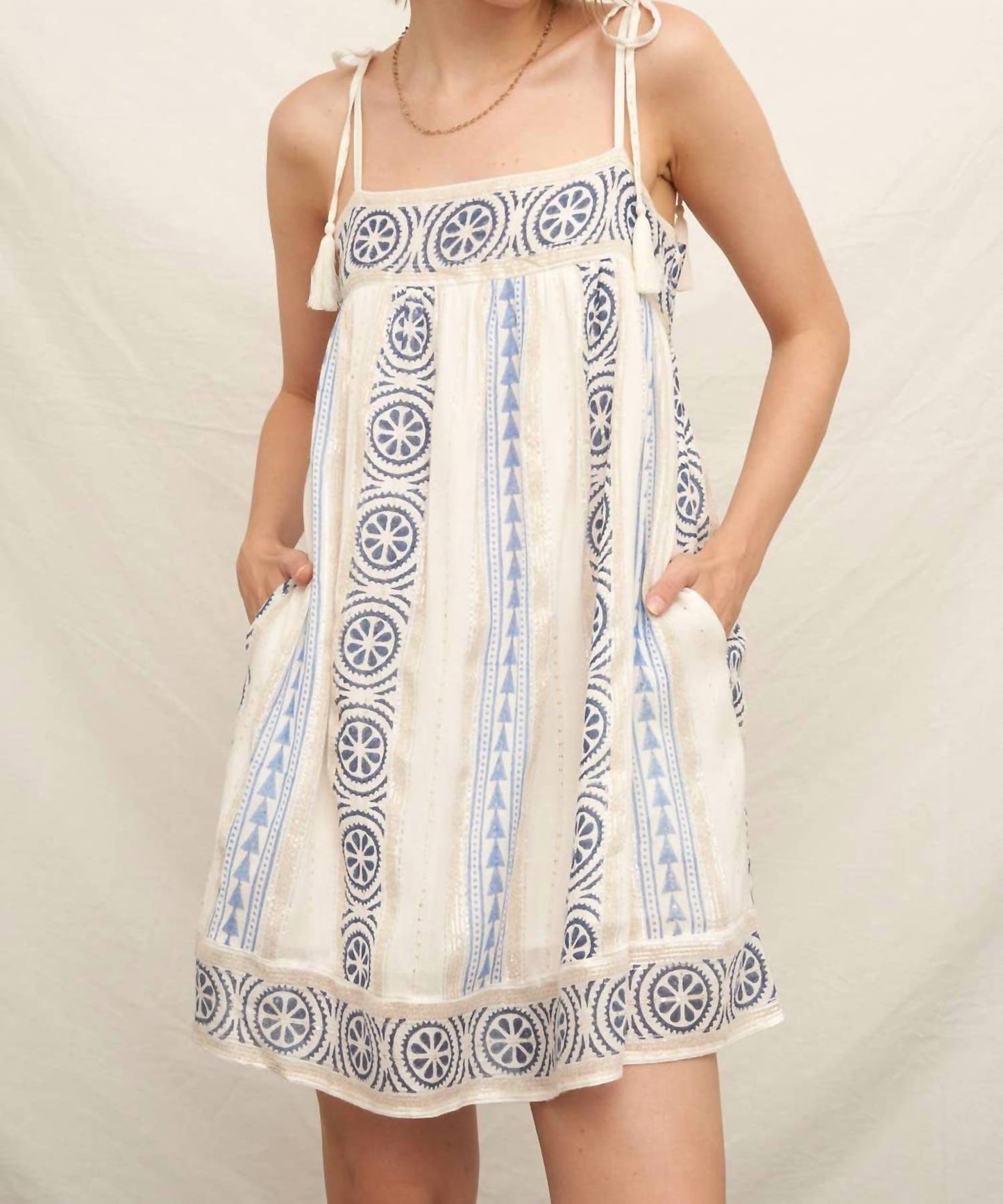 En Creme - Tassel Shoulder Embroidered Mini Dress