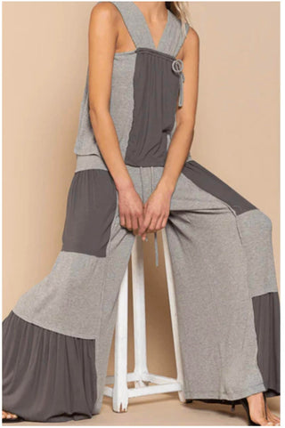 Pol - Ribbed Contrast Fabric Panel Wide Leg Pants