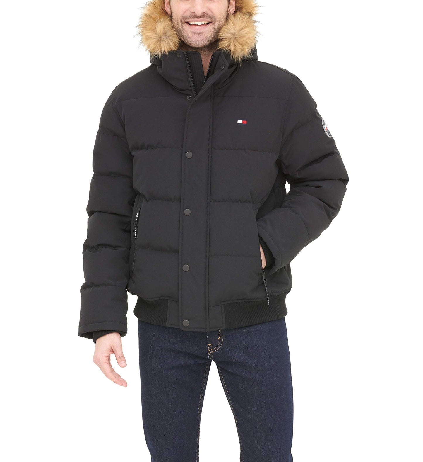 Tommy Hilfiger Men's Quilted Arctic Cloth Snorkel Bomber Jacket with Removable Hood (Standard and Big & Tall), Black, Large