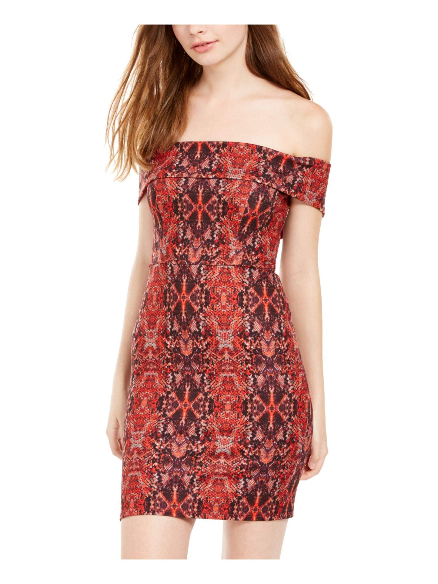 Crystal Doll Womens Snake Print Off The Shoulder Bodycon Dress Red S
