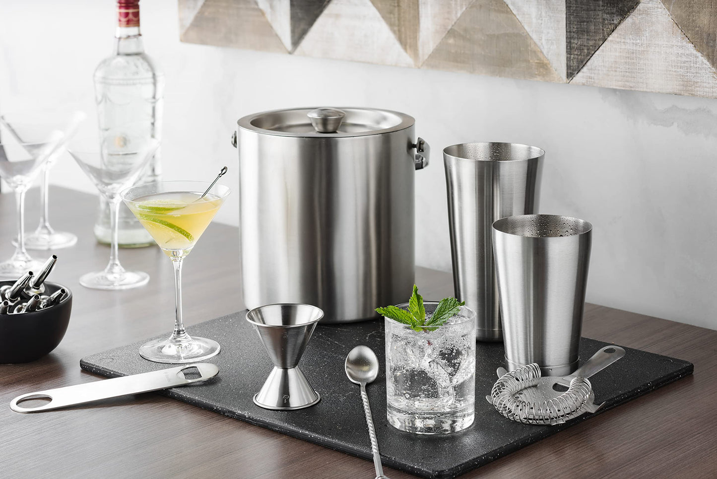 Double- Wall Stainless Steel Insulated Ice Bucket with Lid & Ice Tong