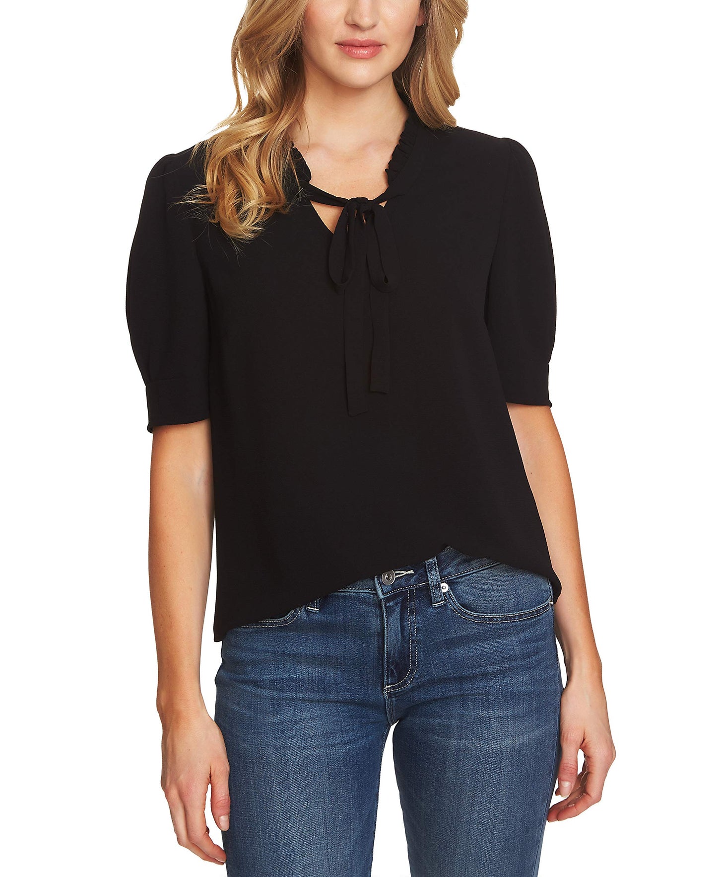 CeCe Sportswear Women's Short Sleeve V-Neck Ruffled TOP with Bow, Rich Black, XL